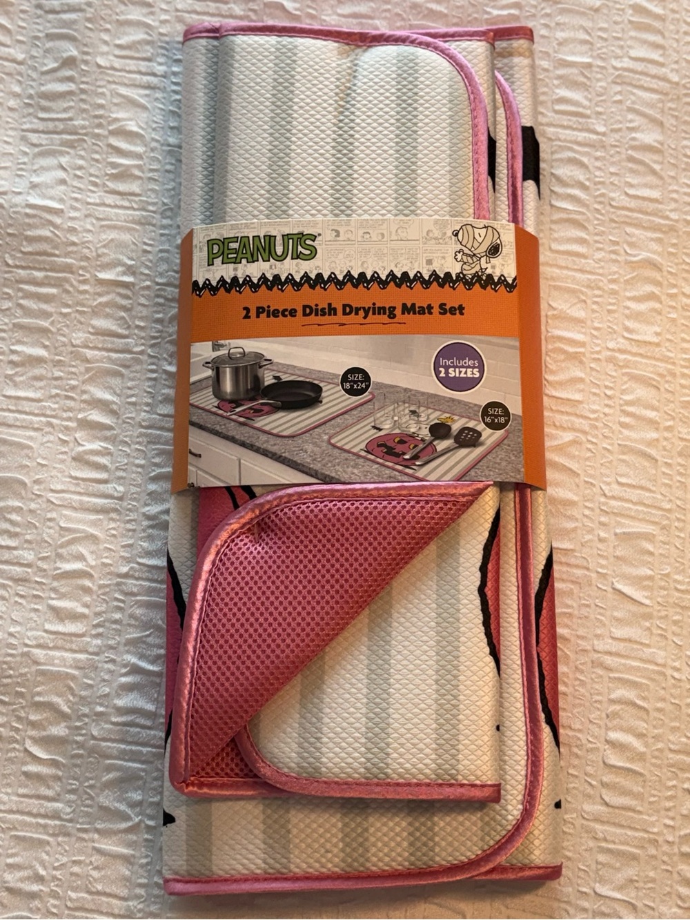 Peanuts Pink and White 2-Piece Dish Drying Mat Set